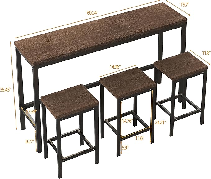 NicBex Kitchen Table Set Dining Room Table Set Modern Design Kitchen Dining Table, Pub Table, Long Dining Table Set with 3 Stools for Kitchen, Apartment, Easy Assembly, Dark Brown - LeafyLoom