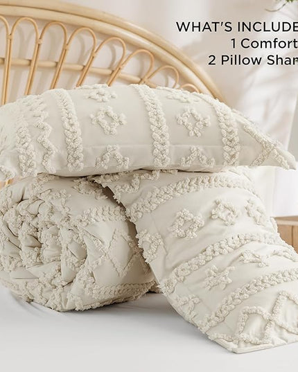 Bedsure Tufted Boho Comforter Set Full - Olive Green Boho Bedding Comforter Set, 3 Pieces Farmhouse Shabby Chic Embroidery Bed Set, Soft Jacquard Comforter for All Seasons - LeafyLoom