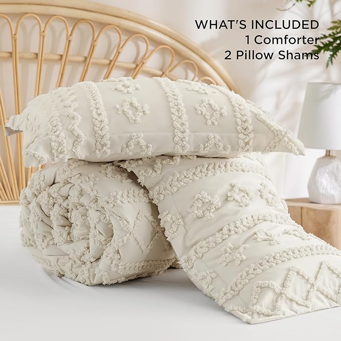Bedsure Tufted Boho Comforter Set Queen - Dark Emerald Green Boho Bedding Comforter Set, 3 Pieces Farmhouse Shabby Chic Embroidery Bed Set, Soft Jacquard Comforter for All Seasons - LeafyLoom