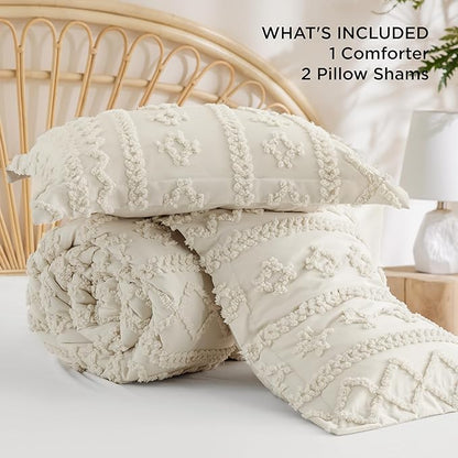 Bedsure Tufted Boho Comforter Set Queen - Dark Emerald Green Boho Bedding Comforter Set, 3 Pieces Farmhouse Shabby Chic Embroidery Bed Set, Soft Jacquard Comforter for All Seasons - LeafyLoom