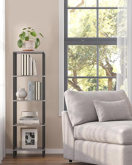TUTOTAK Bookshelf, 5-Tier Tall Book Shelf, Narrow Bookcase for Small Space, DIY Stackable Bookshelf, for Living Room, Office, Study, Entryway, Industrial, Greige and Black BS01BG005 - LeafyLoom