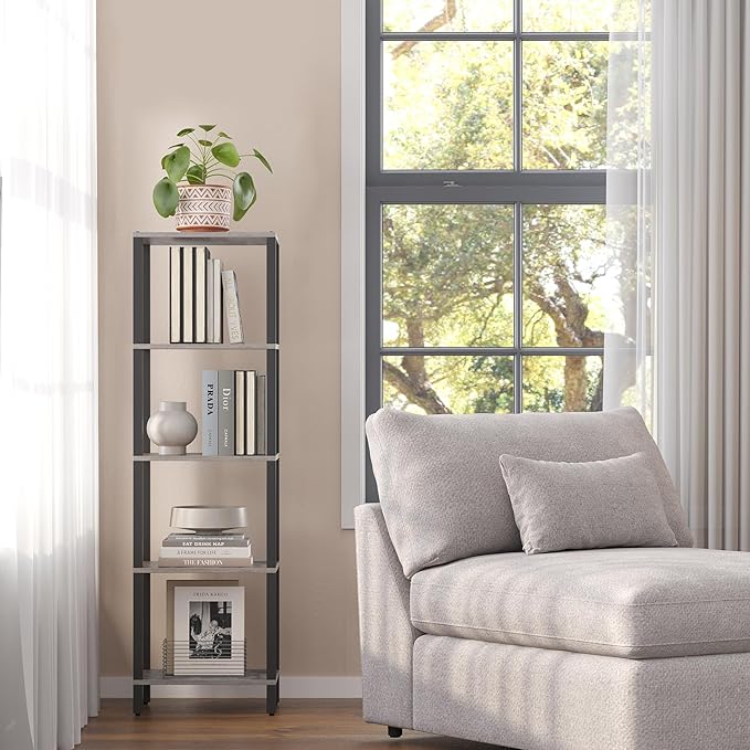 TUTOTAK Bookshelf, 5-Tier Tall Book Shelf, Narrow Bookcase for Small Space, DIY Stackable Bookshelf, for Living Room, Office, Study, Entryway, Industrial, Greige and Black BS01BG005 - LeafyLoom