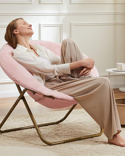 Sweetcrispy Cozy Saucer Chairs Faux Fur Living Room Reading Lounge Furniture Folding Comfy with Soft Thick Padded Seat Metal Frame Modern Style for Bedroom Home Adults, X-Large, Pink - LeafyLoom