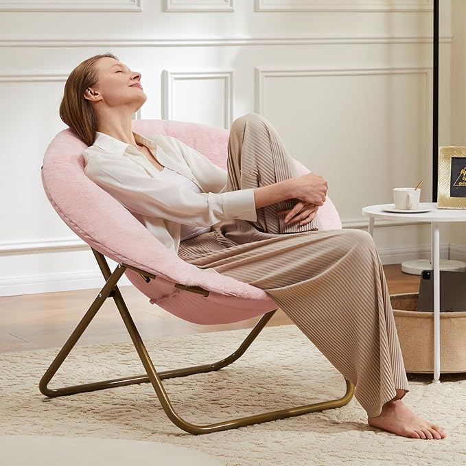Sweetcrispy Cozy Saucer Chairs Faux Fur Living Room Reading Lounge Furniture Folding Comfy with Soft Thick Padded Seat Metal Frame Modern Style for Bedroom Home Adults, X-Large, Pink - LeafyLoom