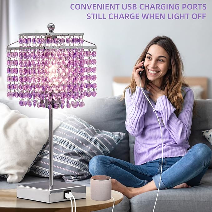 Luvkczc Bedside Crystal Table Lamp, Touch Crystal Lamps with USB C+A Ports, 3-Way Dimmable Purple Lamp with Crystal Shade for Girl Bedroom, Living Room, 6W B11 Bulb Included - LeafyLoom