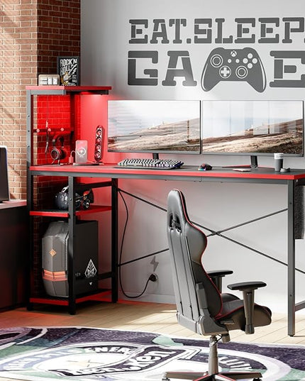 Bestier Gaming Desk with Power Outlets, 61 Inch Large Led Gamer Desk with 4 Tiers Reversible Shelves, PC Gaming Table with Headset Hook & Side Storage Bag for Bedroom (Black 3D Carbon Fiber) - LeafyLoom