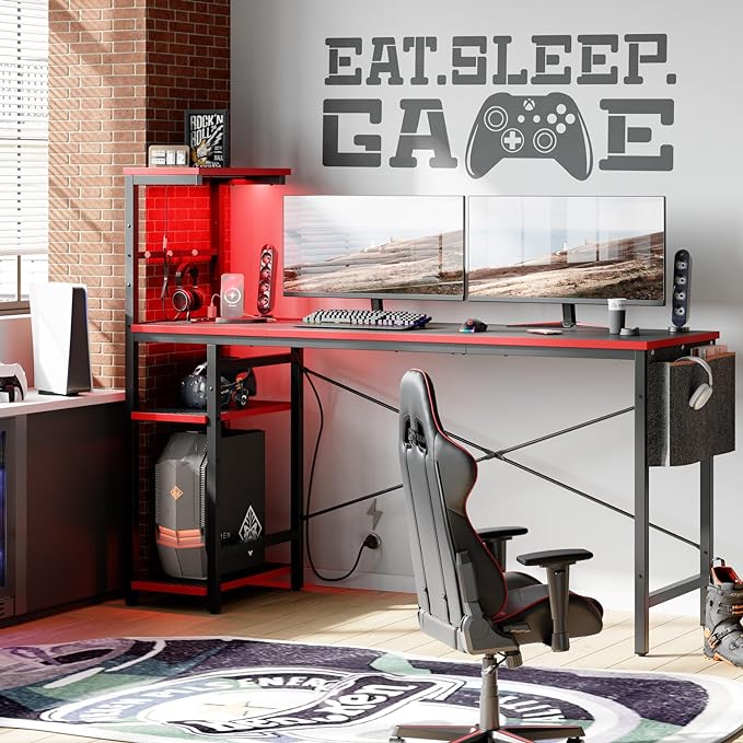 Bestier Gaming Desk with Power Outlets, 61 Inch Large Led Gamer Desk with 4 Tiers Reversible Shelves, PC Gaming Table with Headset Hook & Side Storage Bag for Bedroom (Black 3D Carbon Fiber) - LeafyLoom