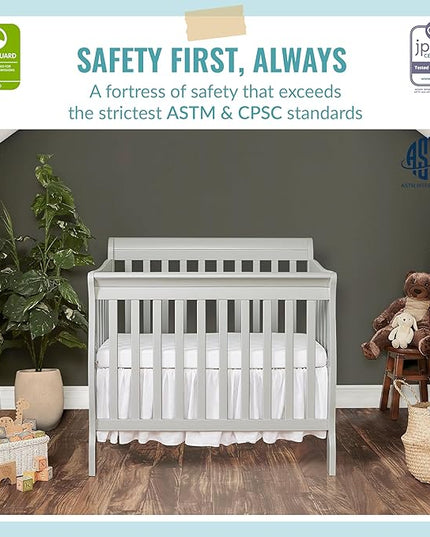 Aden 4-in-1 Convertible Mini Crib in Grey, Greenguard Gold Certified & Sunset 3” Extra Firm Fiber Crib Mattress, Greenguard Gold Certified, Waterproof Vinyl Cover, Baby Mattresses - LeafyLoom