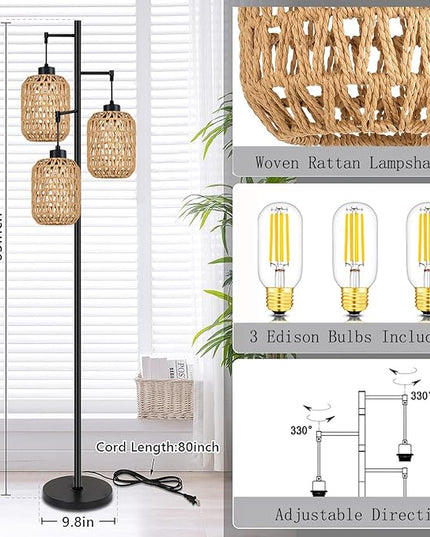 Floor Lamp for Living Room,Bedroom,Boho Rattan Tree 3 Lights Farmhouse Floor Lights,Industrial Black Standing Lamp Wicker Rustic Tall Lamp,Woven Bamboo LampShade Floor Lamps Bohemian - LeafyLoom