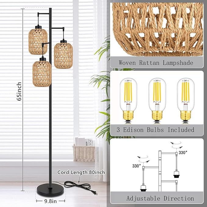 Floor Lamp for Living Room,Bedroom,Boho Rattan Tree 3 Lights Farmhouse Floor Lights,Industrial Black Standing Lamp Wicker Rustic Tall Lamp,Woven Bamboo LampShade Floor Lamps Bohemian - LeafyLoom
