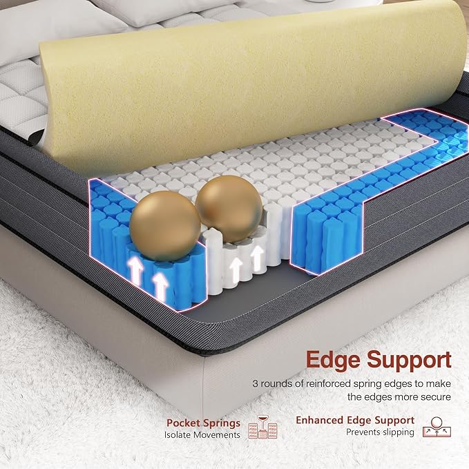 Firm California King Mattress, 12 Inch Cal King Hybrid Mattress with Gel Memory Foam and Pocketed Springs, Pressure Relief and Motion Isolation, Cali King Mattress in a Box, Upgraded Support - LeafyLoom