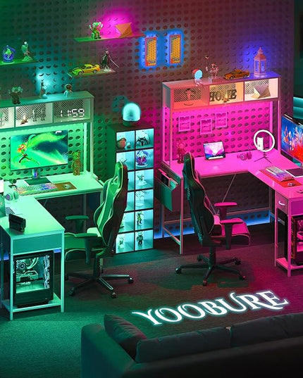 Yoobure L Shaped Desk Gaming Desk with LED Strip & Power Outlet, Reversible L-Shaped Computer Desk with Storage Shelf & Drawer, Corner Desk with Storage Bag, 2 Person Home Office Desk, White - LeafyLoom