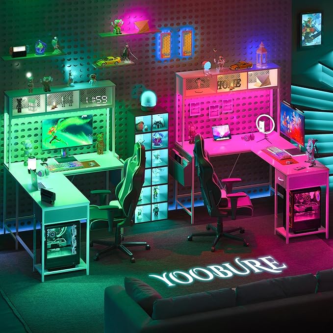 Yoobure L Shaped Desk Gaming Desk with LED Strip & Power Outlet, Reversible L-Shaped Computer Desk with Storage Shelf & Drawer, Corner Desk with Storage Bag, 2 Person Home Office Desk, White - LeafyLoom