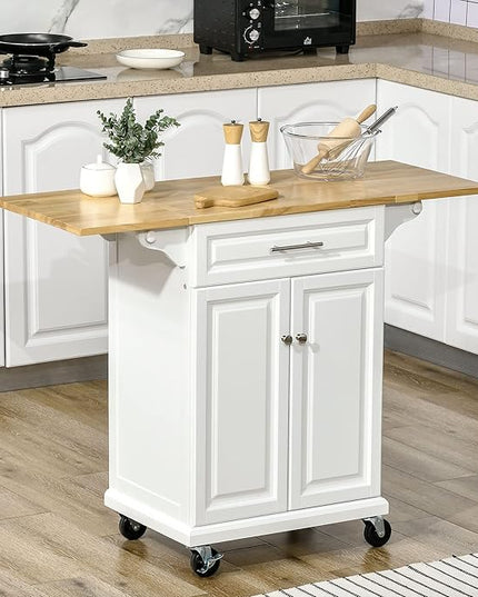 HOMCOM Kitchen Island with Drop Leaf Trolley Cart on Wheels Drawer Cabinet Towel Racks Versatile Use Natural Wood Top and White - LeafyLoom