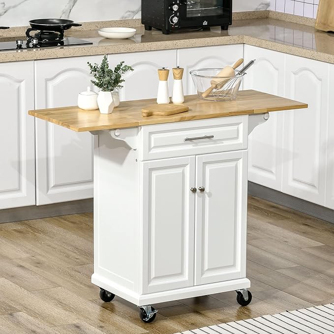 HOMCOM Kitchen Island with Drop Leaf Trolley Cart on Wheels Drawer Cabinet Towel Racks Versatile Use Natural Wood Top and White - LeafyLoom