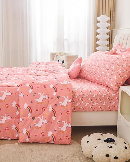 Mooreeke Twin Size Comforter Sets for Girls Kids, 6 Pieces Bed in a Bag Pink Unicorn Rainbow Bedding Comforter Sheet Set with Shams and Decorative Toy Pillow, Ultral Soft Microfiber Kids Bed Set - LeafyLoom