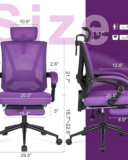 Misolant Ergonomic Office Chair with Footrest, Ergonomic Desk Chair with Adjustable 2D Lumbar Support, High Back Office Chair with Adjustable Headrest, Comfortable Office Chair Purple - LeafyLoom