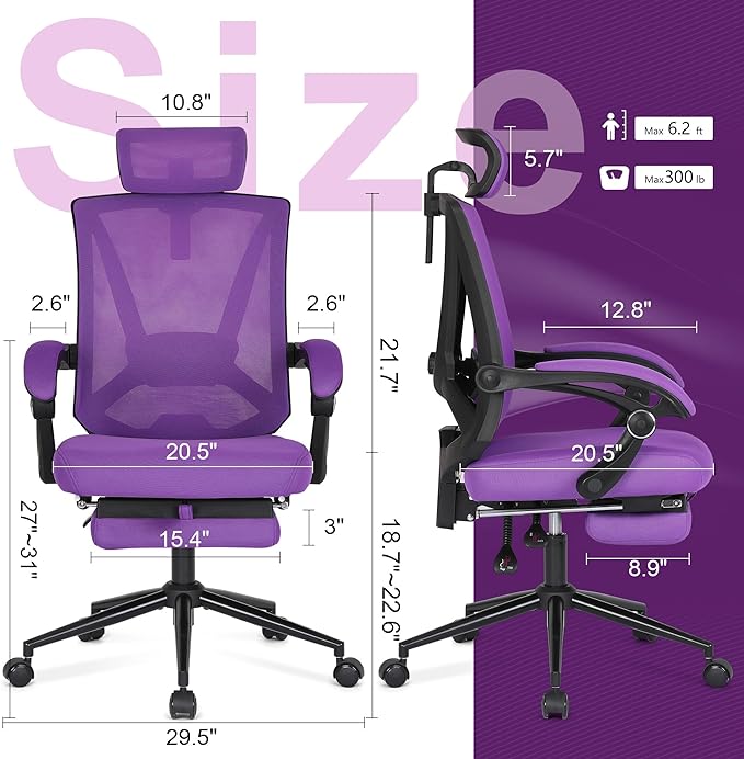 Misolant Ergonomic Office Chair with Footrest, Ergonomic Desk Chair with Adjustable 2D Lumbar Support, High Back Office Chair with Adjustable Headrest, Comfortable Office Chair Purple - LeafyLoom