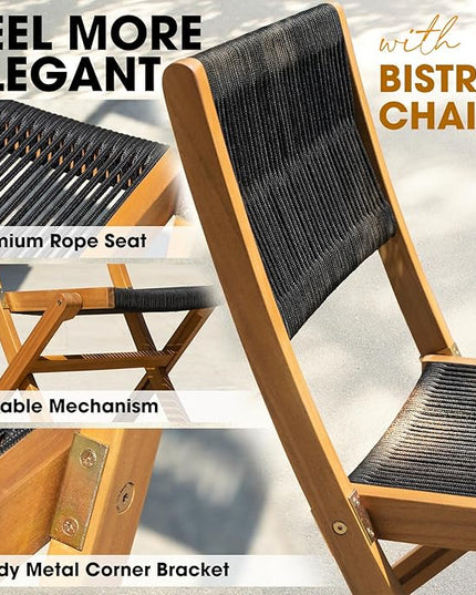 Solid Sauvage Bistro Set with Round Table (Grey), Wood Rope Design - Black - LeafyLoom