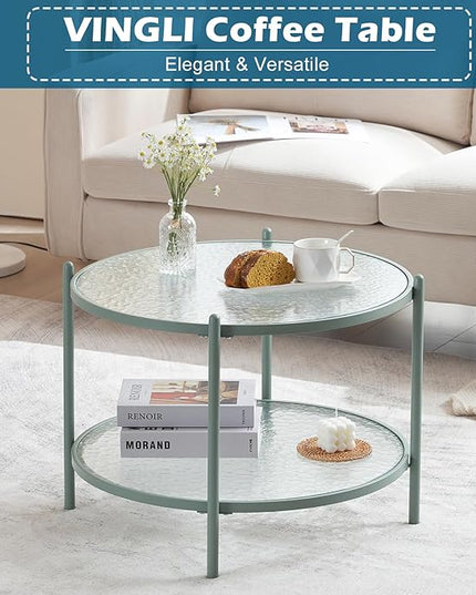 VINGLI 25.6" Small Light Bright Green Round Coffee Table Water-Wave Glass Circle Clear Center Coffee Table with 2-Tier Modern Storage Design for Living Room, Bedroom, Meeting Room, Balcony, Patio - LeafyLoom