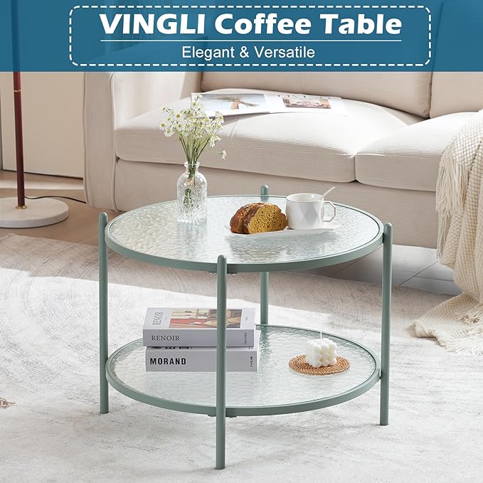 VINGLI 25.6" Small Light Bright Green Round Coffee Table Water-Wave Glass Circle Clear Center Coffee Table with 2-Tier Modern Storage Design for Living Room, Bedroom, Meeting Room, Balcony, Patio - LeafyLoom