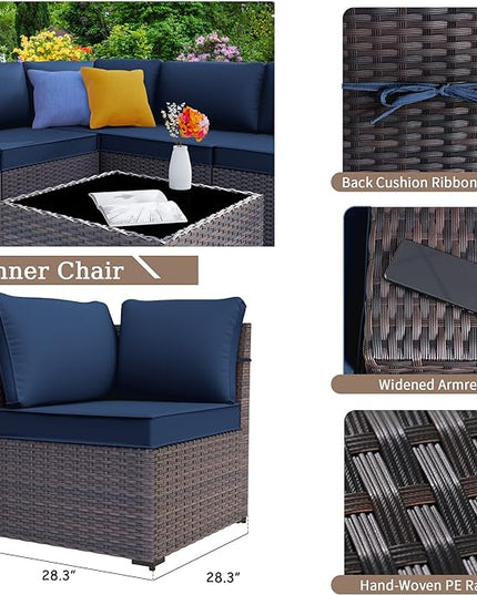 Patio Furniture Set Sofa 12-Pieces Wicker Sectional Sofa Set, Outdoor Furniture Rattan Patio Conversation Set with Thickened Cushions and Glass Coffee Table, Navy Blue - LeafyLoom