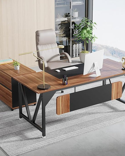 70.8" Executive Desk with 35.4" File Cabinet, L-Shaped Computer Desk, Wood Office Desk for Home Office - LeafyLoom
