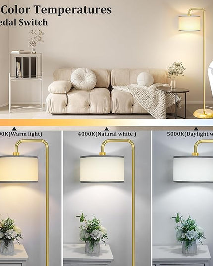 [Upgraded] LED Floor Lamp for Living Room, 3 Color Temperature Floor Lamp with Foot Switch Modern Standing Lamp Tall Pole Floor Reading Lamp for Bedroom, Study Room, Office, 9W Bulb Included, Gold - LeafyLoom