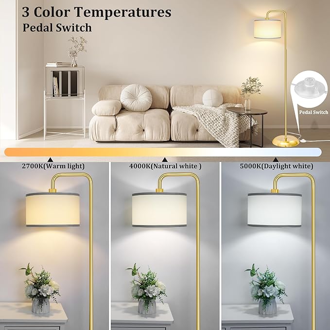 [Upgraded] LED Floor Lamp for Living Room, 3 Color Temperature Floor Lamp with Foot Switch Modern Standing Lamp Tall Pole Floor Reading Lamp for Bedroom, Study Room, Office, 9W Bulb Included, Gold - LeafyLoom