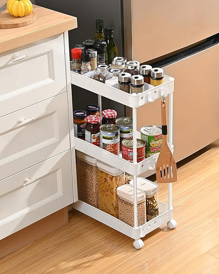TOOLF Rolling Storage Cart, 3 Tier Utility Cart on Wheels, Bathroom Rolling Cart Organizer with Divider & Hooks, Mobile Shelving Unit Storage Cart for Laundry Kitchen Dorm, White - LeafyLoom