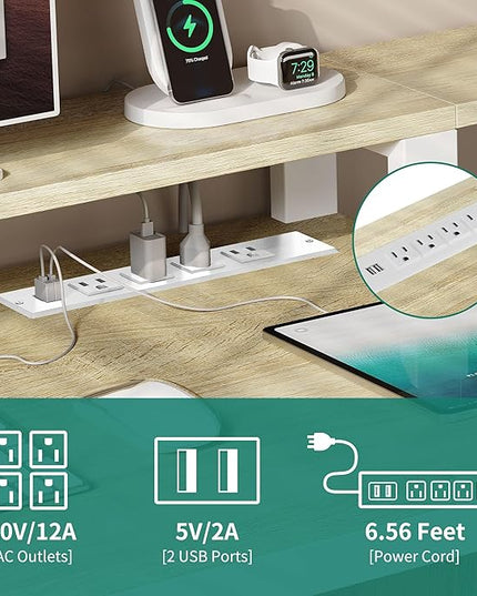 YITAHOME L Shaped Desk with 3 Drawers, 65" Corner Computer Desk with Power Outlets & LED Lights, L-Shaped Desk with File Cabinet & Printer Stand for Home Office, White & Oak - LeafyLoom