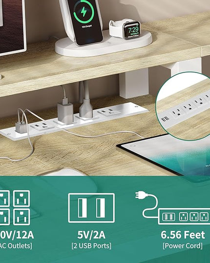 DWVO L Shaped Desk with Power Outlets & LED Lights, 65" Computer Desk with Drawers, Corner Desk Office Desk with File Cabinet & Printer Stand, ﻿White & Oak - LeafyLoom