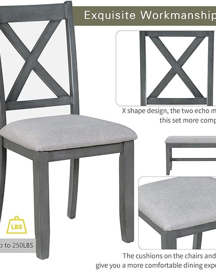 6-Piece Family Dining Set with Solid Wood Foldable Table, 4 Upholstered Chairs and Bench, Easy to Assemble, for Living Room, Kitchen, Home Bar, Diningroom, Dark Gray+Light Gray - LeafyLoom