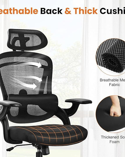 Ergonomic Office Chair, High Back Desk Chair with Adjustable Lumbar Support & Headrest,Comfortable Mesh Computer Chair with Soft Flip Up Arms, Adjustable Height and 120°Tilt,Black - LeafyLoom