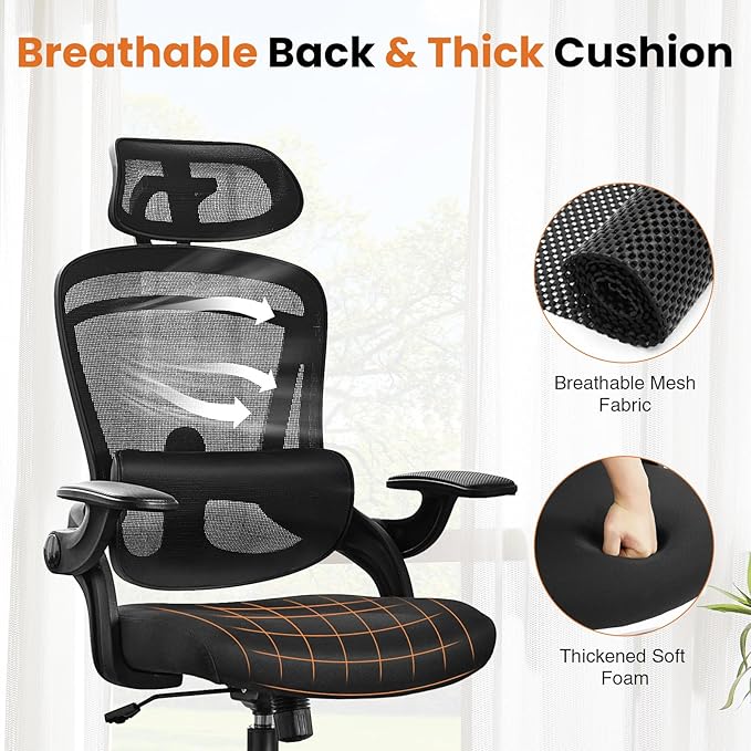 Ergonomic Office Chair, High Back Desk Chair with Adjustable Lumbar Support & Headrest,Comfortable Mesh Computer Chair with Soft Flip Up Arms, Adjustable Height and 120°Tilt,Black - LeafyLoom