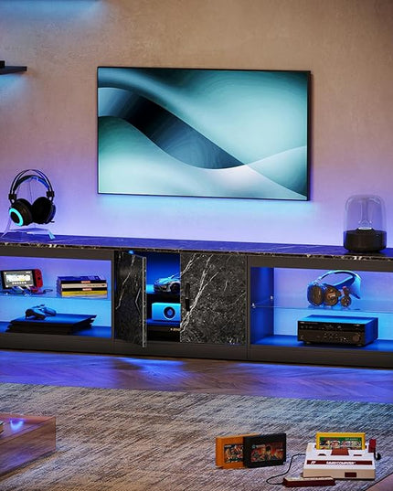 Bestier 80 Inch TV Stand for 65/75/85 inch TVs, Modern LED Entertainment Center with Storage Cabinet, Adjustable Glass Shelves ＆ Cable Management, Gaming TV Console Table for Living Room, Black Marble - LeafyLoom