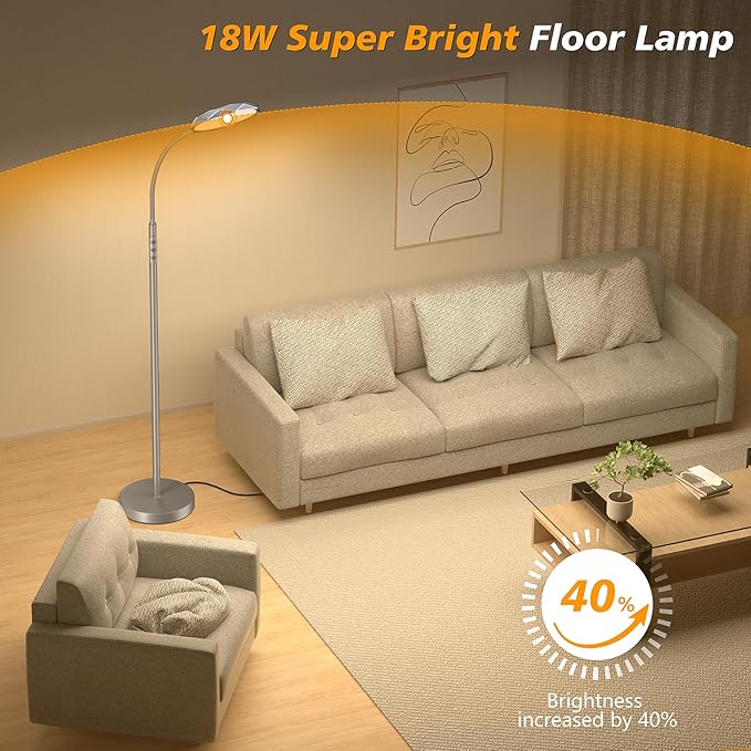 LED Floor Lamp, 18W Bright Floor Lamps for Living Room, Stepless Adjustable Colors & Brightness Standing Lamp with Timer, Remote & Touch Control, Eye Caring Reading Lights for Bedroom,Office - LeafyLoom