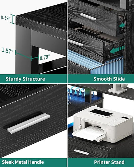 DWVO L Shaped Desk with Power Outlets & LED Lights, 65" Computer Desk with Drawers, Corner Desk Office Desk with File Cabinet & Printer Stand, Black - LeafyLoom