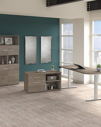 Bush Business Furniture Office 500 72W Height Adjustable Standing Desk with Storage and Bookcase in Modern Hickory - LeafyLoom