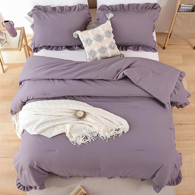 JANZAA Comforter Set Full Size Grayish Purple Ruffle Comforter 3PCS Soft Fluffy Comforter Vintage Farmhouse Bed Comforter Set Shabby Chic Bedding with 2 Pillowcases - LeafyLoom
