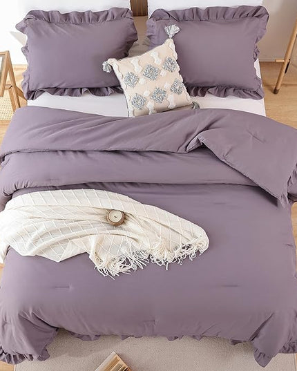 JANZAA King Size Comforter Set Grayish Purple Ruffle Comforter 3PCS Soft Fluffy Boho Comforter Vintage Farmhouse Bed Comforter Set Shabby Chic Bedding with 2 Pillowcases for All Season - LeafyLoom