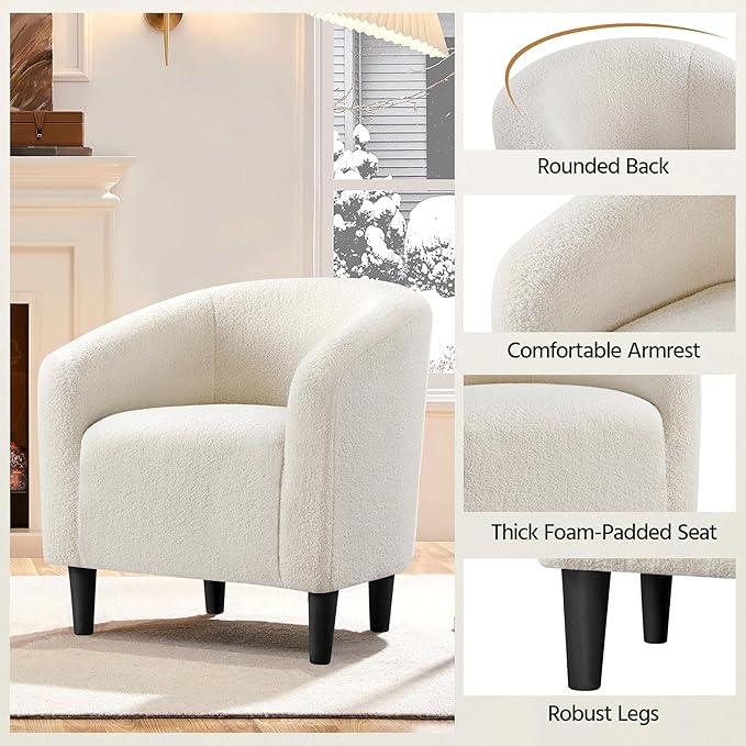 Yaheetech Accent Barrel Chair, Faux Fur Club Chair, Furry Sherpa Elegant and Cozy, Soft Padded Armchair, Suitable for Living Room Bedroom Reception Room Office, Ivory - LeafyLoom