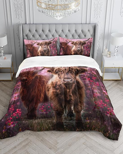 Cow Print Comforter Set Twin Size Cherry Blossoms Cow Bedding Set Farmhouse Animals Quilt Bed Set with 1 Comforter and 2 Pillowcases - LeafyLoom