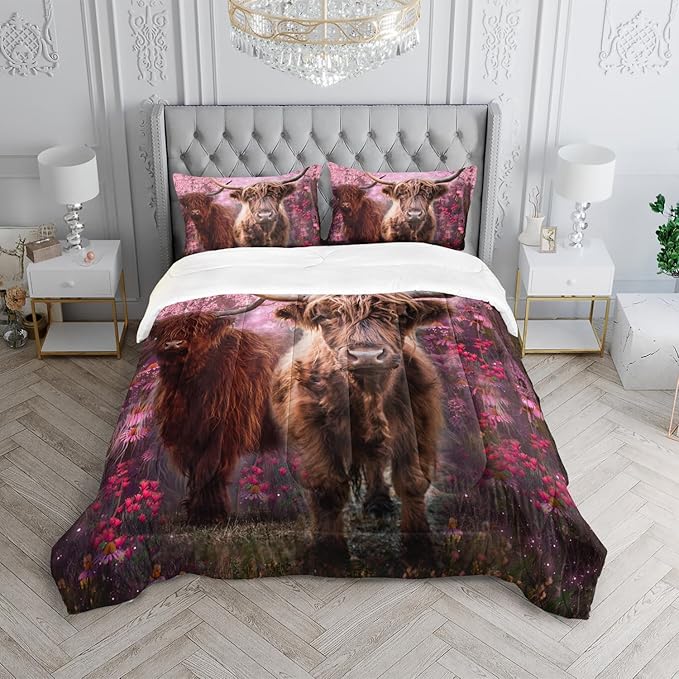 Cow Print Comforter Set Queen Size Cherry Blossoms Cow Bedding Set Farmhouse Animals Quilt Bed Set with 1 Comforter and 2 Pillowcases - LeafyLoom