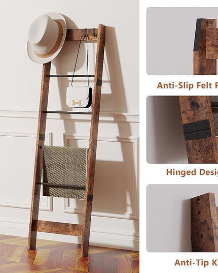 6 Tier Blanket Ladder Shelf for Living Room and Bedroom, Ladder Holder with 4 Metal Hooks, 5.2ft Blanket Quilt Holder Rack, Farmhouse Ladder Rack for Storage and Home Decor, Rustic Brown - LeafyLoom
