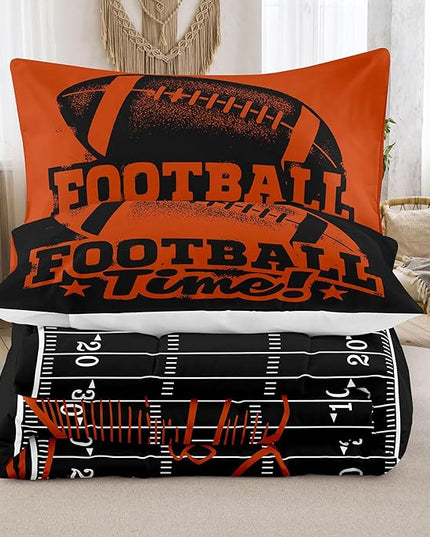 Tailor Shop Sports Football Comforter Set for Boys Kids Teens ，Football Bedding Sets Full Size Black Rugby Theme Bedding Set with 2 Comforter 2 Pillowcases - LeafyLoom