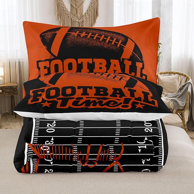 Tailor Shop Sports Football Comforter Set for Boys Kids Teens ，Football Bedding Sets King Size Black Rugby Theme Bedding Set with 2 Comforter 2 Pillowcases - LeafyLoom