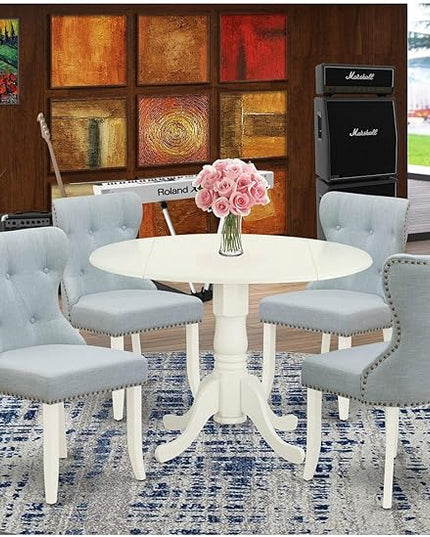 East West Furniture DLSI5-WHI-15 Dublin 5 Piece Kitchen Set Includes a Round Dining Room Table with Dropleaf and 4 Baby Blue Fabric Parsons Chairs, 42x42 Inch, Linen White - LeafyLoom