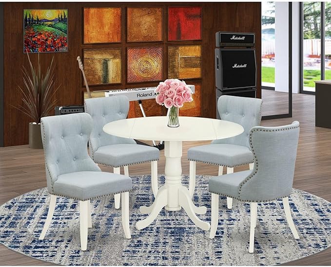 East West Furniture DLSI5-WHI-15 Dublin 5 Piece Kitchen Set Includes a Round Dining Room Table with Dropleaf and 4 Baby Blue Fabric Parsons Chairs, 42x42 Inch, Linen White - LeafyLoom