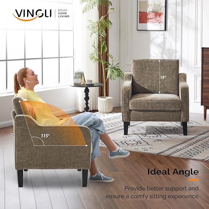 VINGLI Accent Chair for Living Room Chairs Light Brown Reading Chair for Bedroom Scooped Arm Chair Mid Century Modern Accent Chairs Upholstered Comfy Chair for Apartment, Waiting Room - LeafyLoom